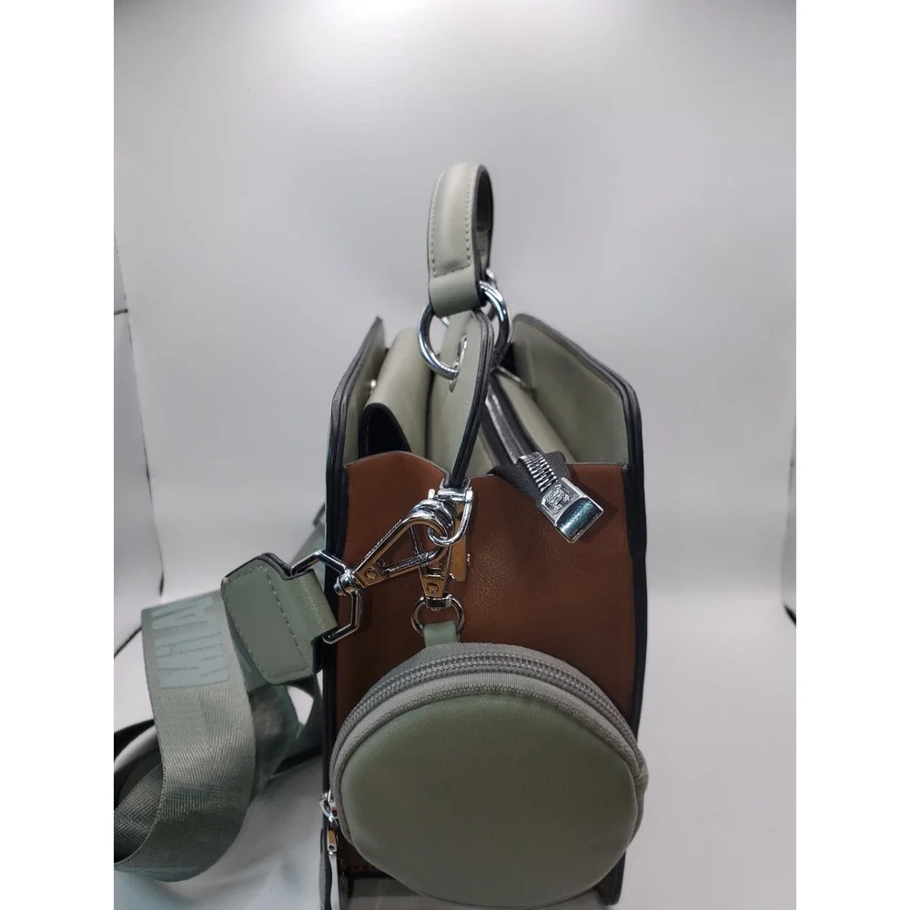 Milanchiva Sage Green Cognac Brown Satchel Handbag Crossbody with Coin Purse